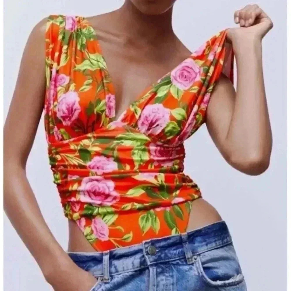 ZARA Draped Floral Bodysuit Blogger Favorite Size S NWT - Picture 4 of 10